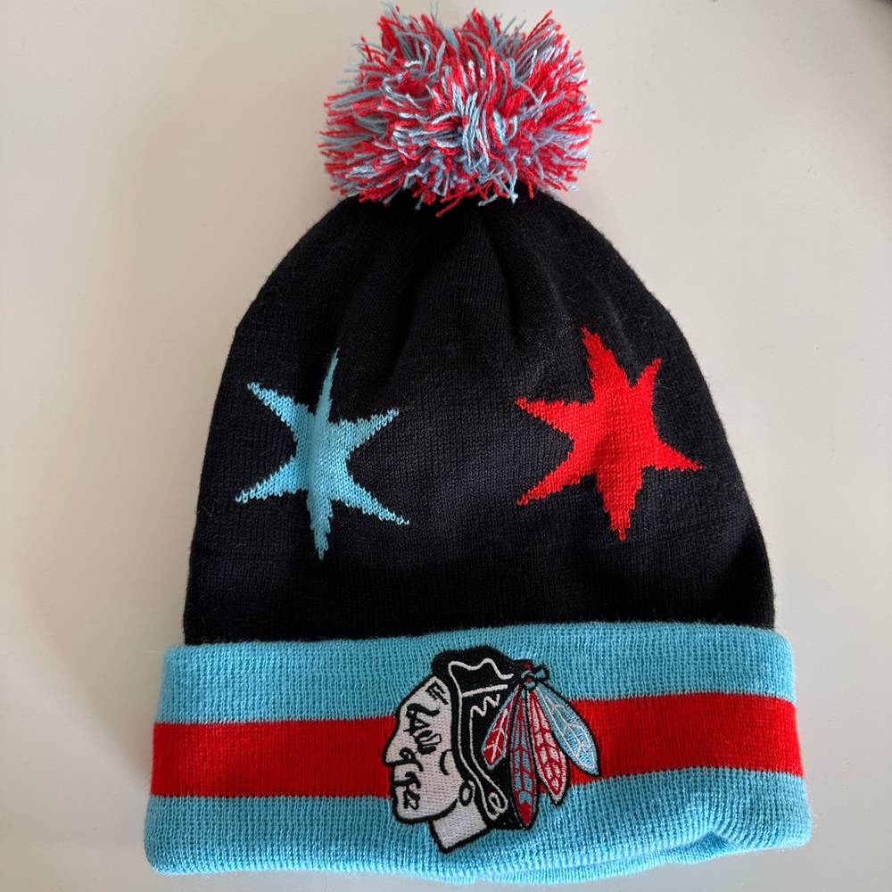 Chicago Blackhawks Beanie with Blue & Red Accents and Pom Pom